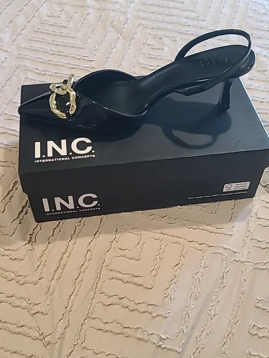 INC International Concepts Black Patent Slingback Pumps with Gold Chain Detail. - Picture 5 of 6